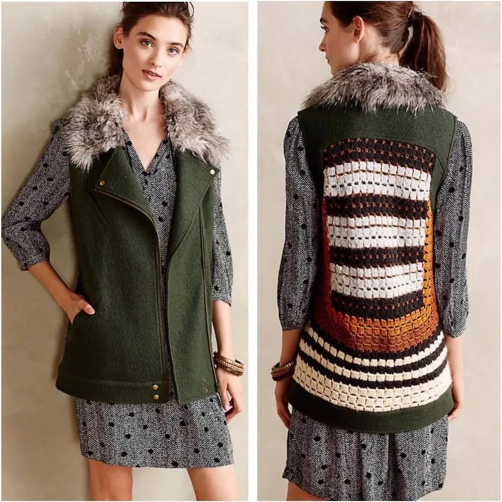 ELEVENES Oversized Green Zip-up Vest with Faux Fur Collar and Crochet back.